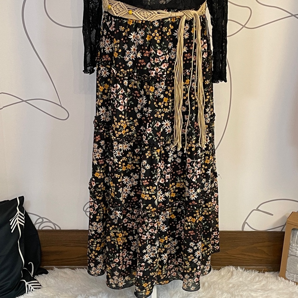 LUNA- Black Floral Multi-tiered Maxi Skirt size XL